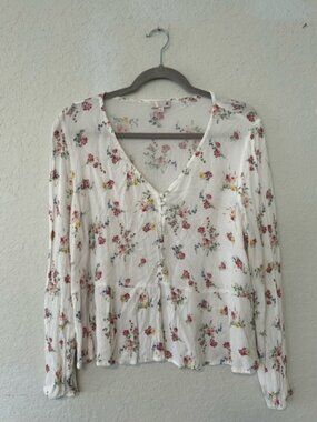 SO Floral Peplum Blouse, V-Neck Long Sleeve, White Romantic Cottagecore Shirt